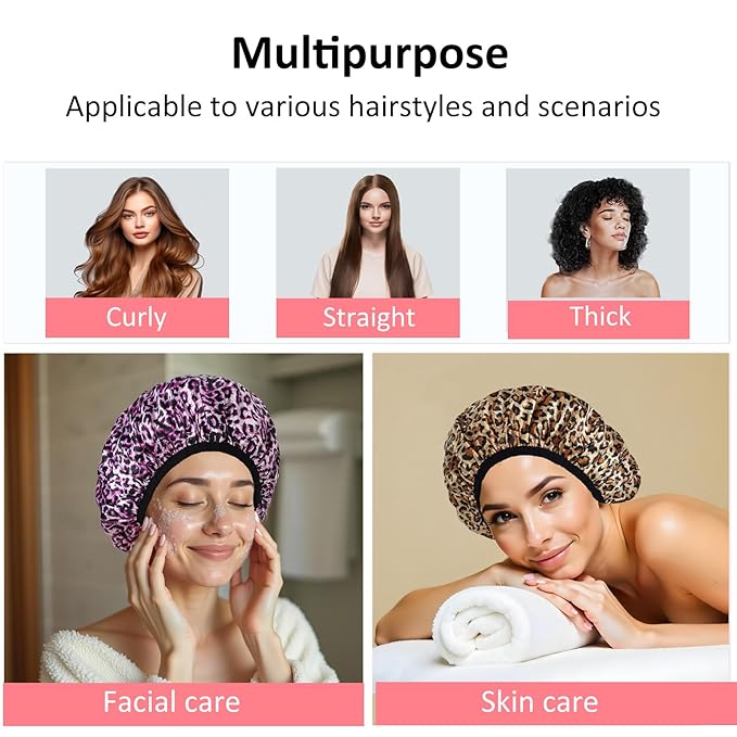 2-Pack Reusable Waterproof Shower Caps for Women, Double-Layer Elastic Bath hat,Extra Large Hair Cap for Long Curly Hair（Leopard）