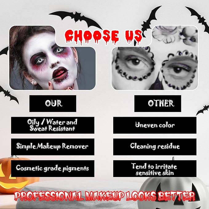 Halloween Face Paint - 12 Pcs Zombie Makeup Kit, Oil Based Black, White, Red Body Painting, Fake Blood Paste for Art, Cosplay, Dress Up Party
