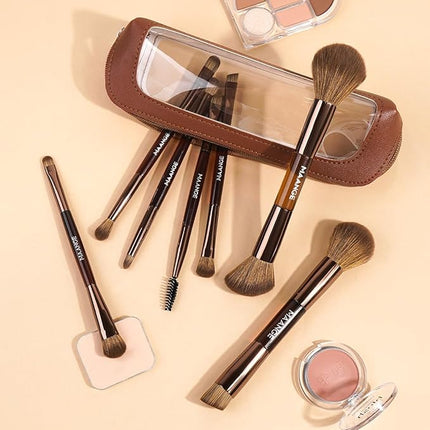 MAANGE 7 PCS Foundation Makeup Brush Set With Bag, Make up Brushes, Eyeshadow Concealer Brush, Double-ended Foundation Contour Powder Blush, Professional Face brush Set Tools For Liquid,Cream (Brown)