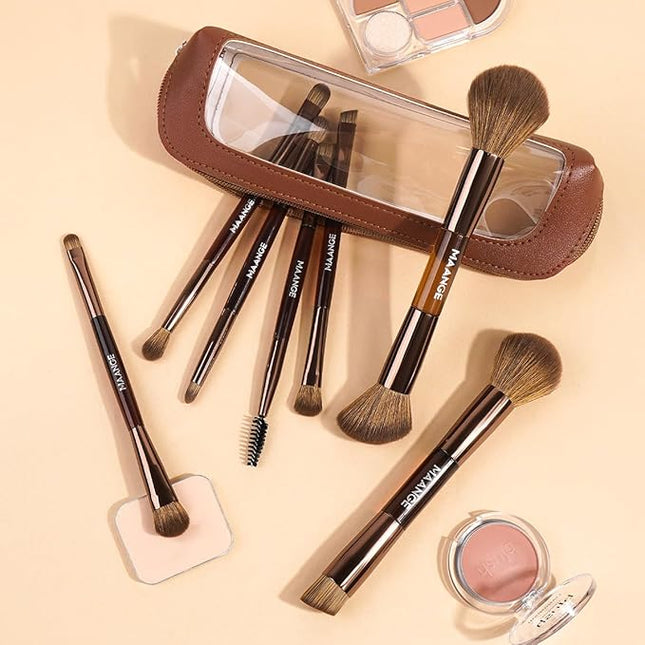MAANGE 7 PCS Foundation Makeup Brush Set With Bag, Make up Brushes, Eyeshadow Concealer Brush, Double-ended Foundation Contour Powder Blush, Professional Face brush Set Tools For Liquid,Cream (Brown)
