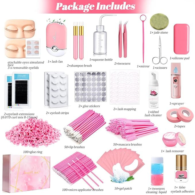 Lash Extension Kit for Beginners Lash Mannequin Head with Replaced Eyelids False Eyelashes Practice Eyelash Strips Facial Mister Tweezers Glue USB Fan Professional Set