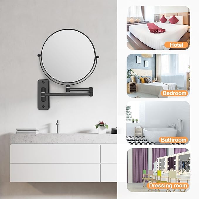 8" Wall Mounted Magnifying Makeup Mirror, 1X/10X Double-Sided Shaving Mirror with 360° Swivel & Extendable Arm for Bathroom Vanity, Black - No Light