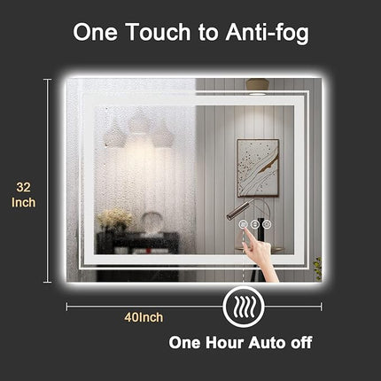 LED Bathroom Mirror, 40"x32" with Front and Backlit, Anti-Fog, Bathroom Vanity Mirror for Wall, Memory Function, Stepless Dimmable, Tempered Glass (Horizontal/Vertical)