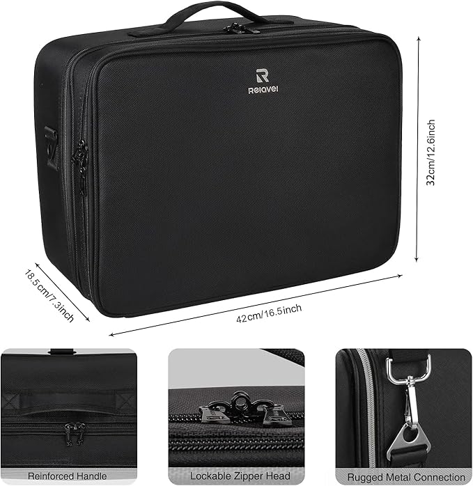 Relavel Extra Large Makeup Case with Makeup Brush Bag, Travel Makeup Train Case Professional Makeup Artist Bag Portable Nail Organizer Box Art Supply Case (Black with Makeup Brush Bag)