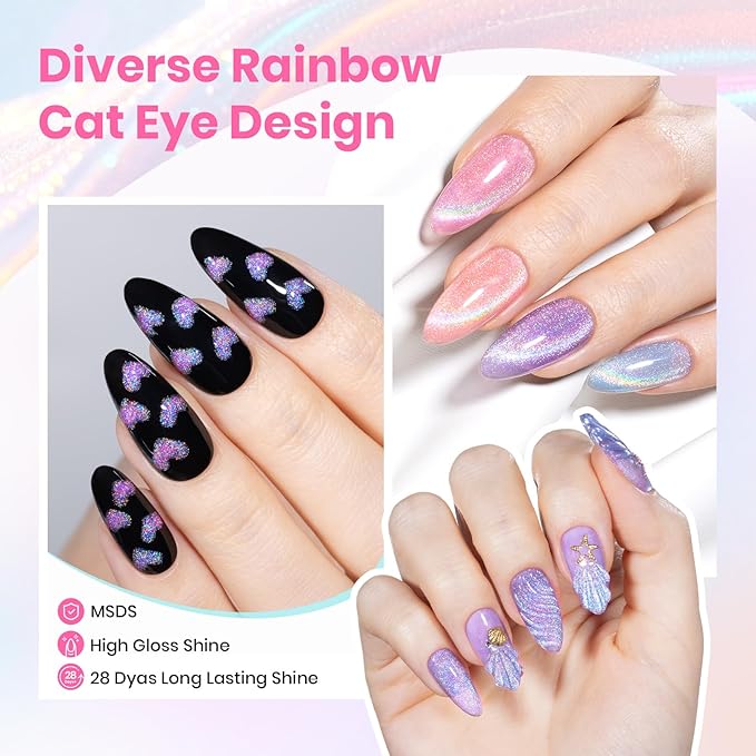 Beetles Cat Eye Gel Nail Polish Set - 6 Colors Summer Rainbow Cat Eye Gel Pink Blue Green Purple Orange Gel with Magnet Soak Off UV Iridescent Halo Collection Salon Nail Art Manicure Gift for Women