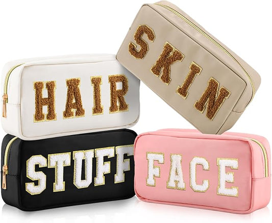 Cunno 4 Pcs Preppy Makeup Bags Chenille Letter Stuff Bag Nylon Cosmetic Pouch Cases with Zipper for Women Travel Toiletry