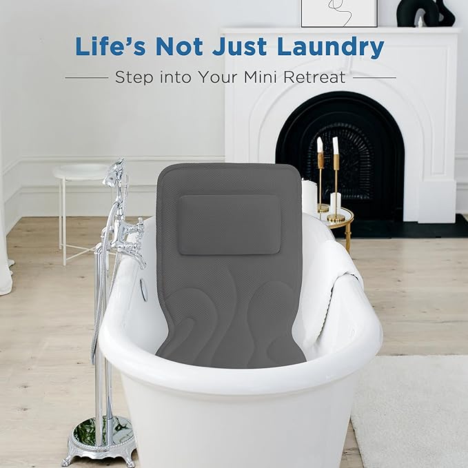 Full Body Bath Pillow for Tub, Extra Thick 4D Air Mesh & Quick-Dry Spa Pillow for Head Neck and Beck Support, Non-Slip Suction Cups Fits All Tubs - Luxury Bath Accessories for Relaxation, Grey (Grey)