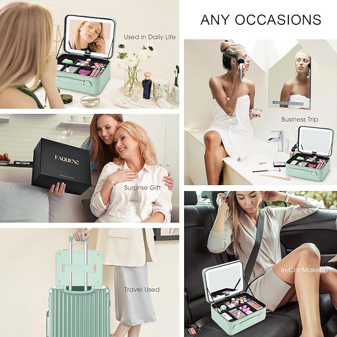 Leather Makeup Case with LED Lighted Mirror 11.4 Inch Travel Makeup Bag Adjustable Brightness in 3 Colors Cosmetic Organizer Artist Storage Bag with Dividers Brush Holder Storage Vanity Watery Blue