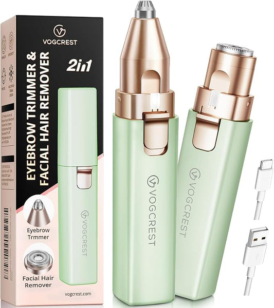 VOGCREST Hair Trimmer, 2 in 1 Facial Hair Remover & Eyebrow Trimmer for Women - Rechargeable, Portable, LED Light