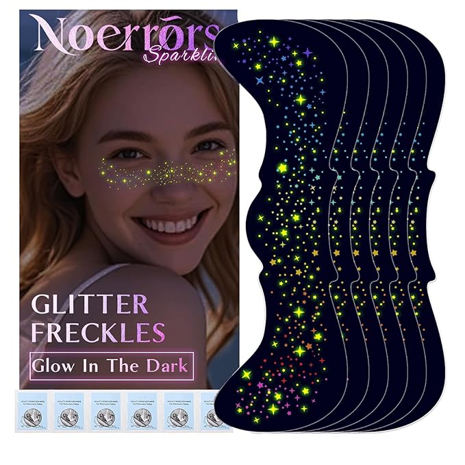 6pcs Rainbow Freckles Face Tattoo Sticker Glow under UV Light Blacklight in the Dark, Neon Fluorescent Glitter Colorful Star Fake Faux Freckle Temporary Patches Makeup for Party Supplies #01