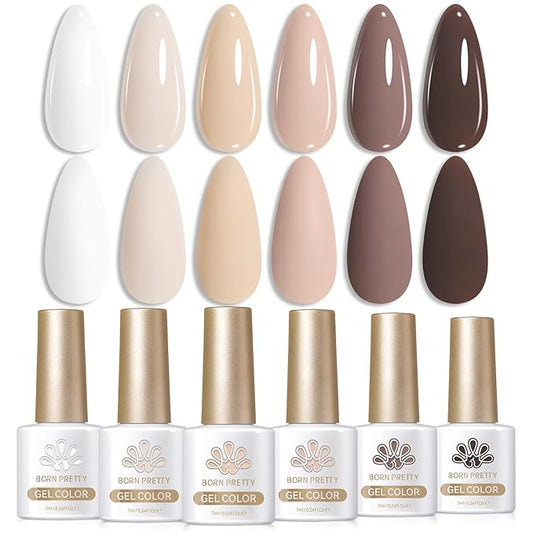 BORN PRETTY Gel Polish Nail Set 6 Colors Nude Skin Tones Brown Neutral Colors Soak Off Gel Nail Kit Collection Nail Art Manicure DIY Salon Home Gift