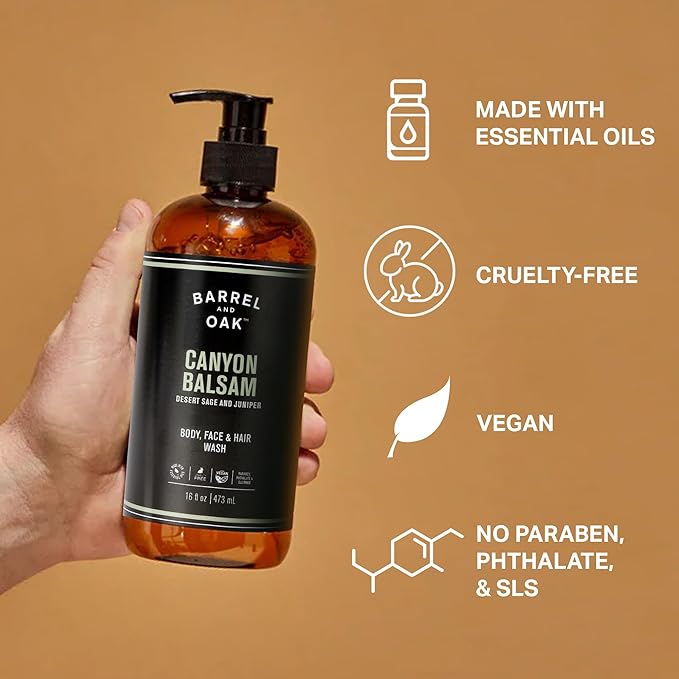 Barrel & Oak All-in-One Wash for Face, Hair, & Body, Vegan & Hydrating Face, Shampoo and Body Wash for Men, Grooming Kit Gifts for Men, Canyon Balsam, 16 oz