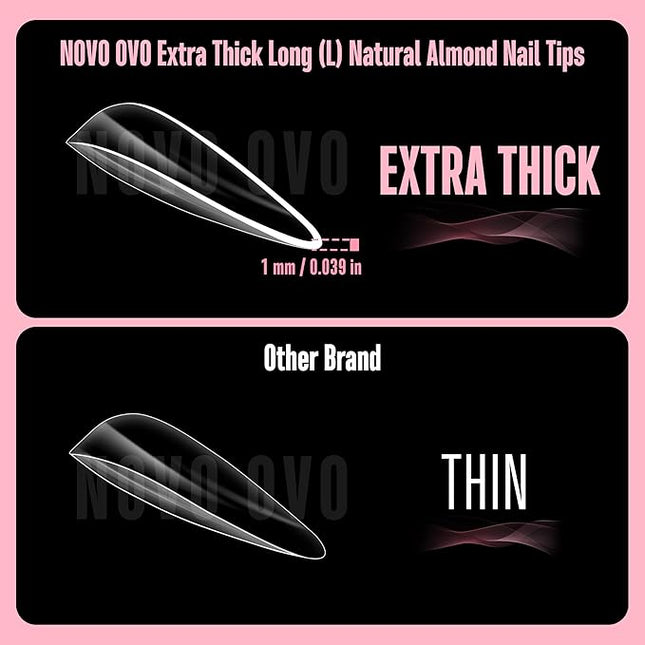 NOVO OVO Long Almond Nail Tips NATURAL (Not SCULPTED) for Flat Nail Beds, Extra Thick L Length False Nails Press on, Full Cover Soft Gel Fake Nail Extension, Salon DIY x 15 Sizes 450 pcs