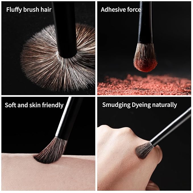 Eye Makeup Brushes 8pcs Eyeshadow Makeup Brushes Set with Soft Synthetic & Natural Hair, Real Wood Handle with Bag for Eyeshadow, Eyeliner, Blending, Eyebrow, Pure Black