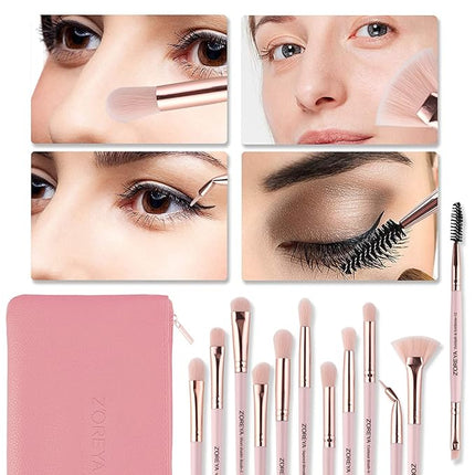 Z'OREYA Eye Makeup Brushes, 12 Pcs Professional Eye Brush Set Eyeshadow, Eyebrow, Blending, Fan, Eyelash Brushes Set With Carrying Bag (Pink)