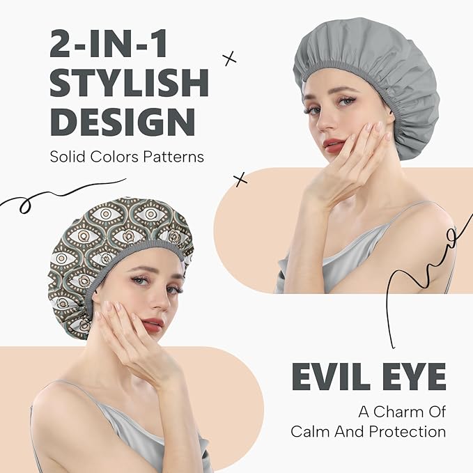Years Calm Evil Eye Shower Caps for Women Reusable Waterproof, Pattern and Solid Color Dual-Layer Design, Hair Cap for Shower with Elastic Band, Fits Braids, Dreadlocks & Long Hair (Gray)