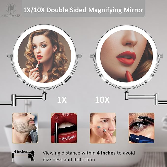 Rechargeable Wall Mounted Lighted Makeup Vanity Mirror 9 Inch Double Sided 1X 10X Magnifying Bathroom Mirror, 3 Color Lighting, Touch Screen Dimming, 360 Rotation Shaving Mirror Chrome