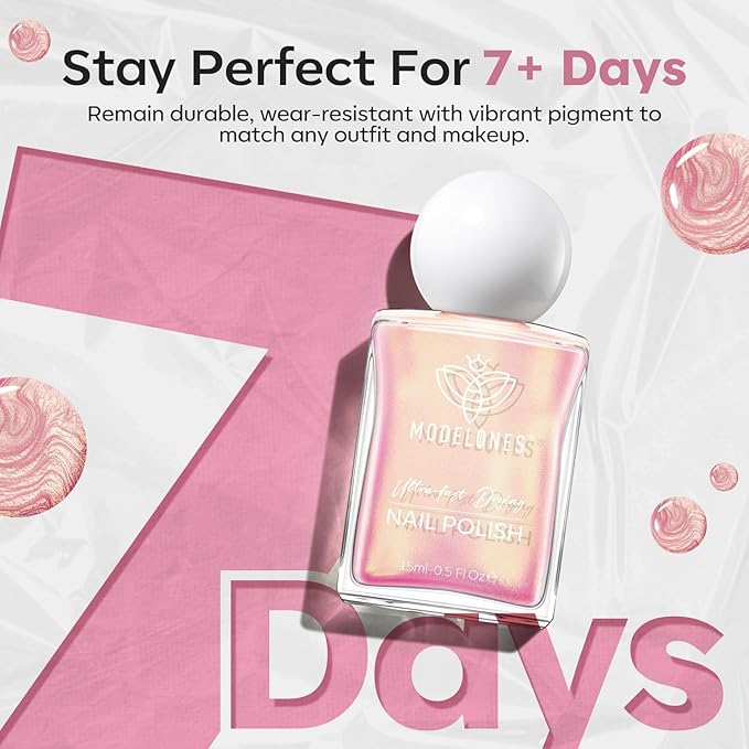 modelones Chrome Pink Nail Polish, 15 ml Pearl Mermaid Iridescent Shimmer Pink Quick Dry Nail Lacquer Long Last Shine Fingernail Polish Nail Art DIY Home Manicure Gift for Women Girls 0.5 Fl Oz