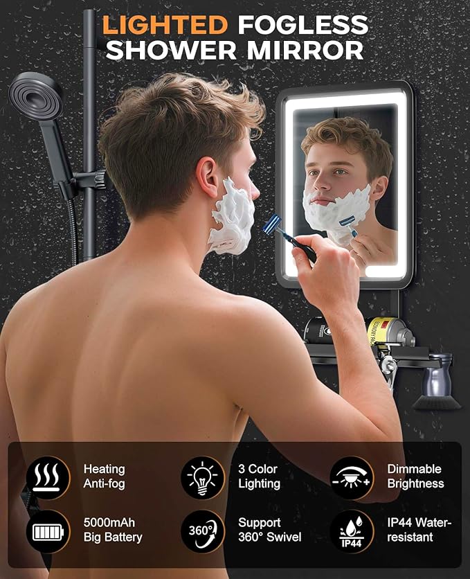 Shower Mirror Fogless for Shaving 7x9in Heated Anti Fog Mirror 3 Color Dimmable Lighted Mirror Rechargeable with Storage Tray Razor Holders 360° Rotatable Black Fog Free Bathroom Mirror for Men