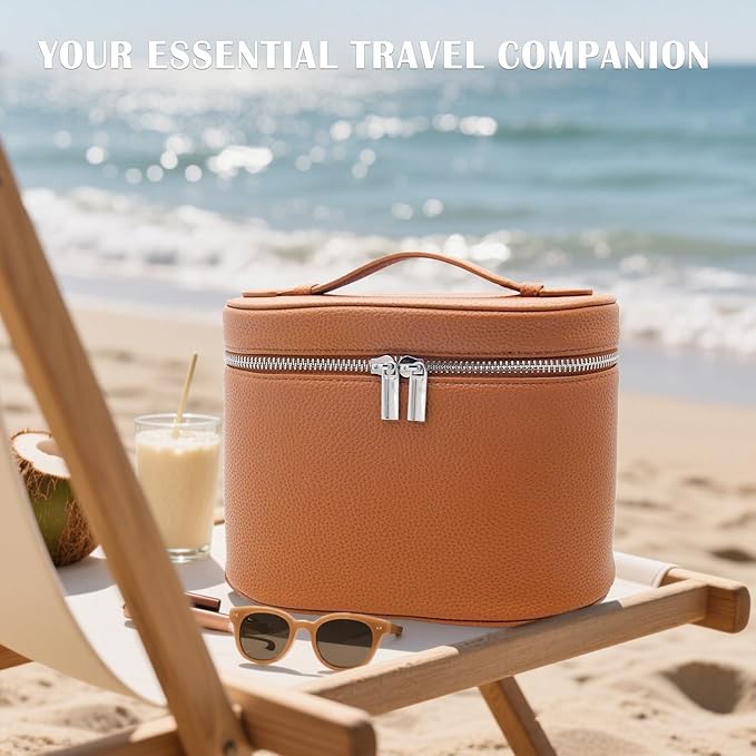 KJMYYXGS Leather Makeup Bag with Dividers Make Up Organizers with Compartments and Handle for Vanity Travel Makeup Countertop Case (brown)