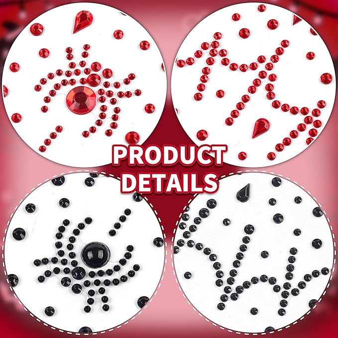 Red Black Face Gems, Halloween Face Rhinestone Makeup Festival Face Jewels, Spider Web Witch Scars Stick On Gems, Self-Adhesive Rhinestone Set for Halloween Cosplay