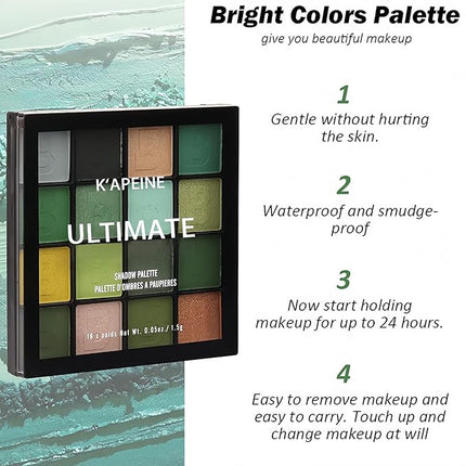 K'APEINE Green Eyeshadow Palette, Matte Glitter Eye Shadow Palette Pigmented Eye Makeup Palette 16 Colors Goth Eyeshade Kit for Rave Parties, Music Festival, Performance, Costume and Halloween