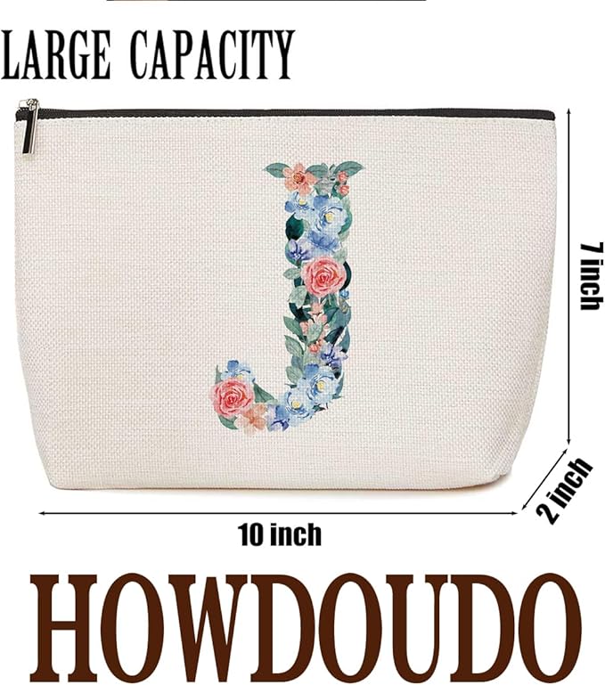 Initial Makeup Bag Monogrammed Travel Toiletry Bag Monogram Cosmetic Bag Birthday Christmas Bridal Shower Bridesmaid Gifts Personalized Gifts for Women Bride Teacher Auntie, Floral Letter J