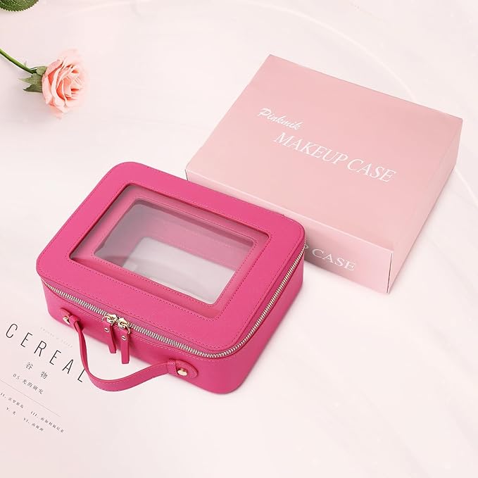 Pinkmik Clear Makeup Bag for Women Waterproof Travel Cosmetics and Toiletries Case Portable Makeup Oaganizer Bag Clear Car Bag with Zipper (X/Fuxia, M+L)