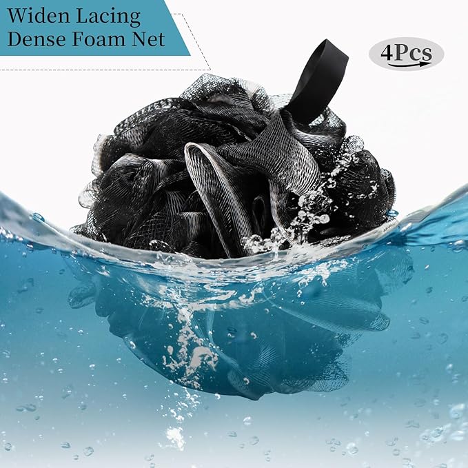 Bath Loofah Shower Sponge Body Back Scrubber Soft Mesh Shower Puffs Exfoliating Loofa for Women & Men Bath Accessories Cleaning Tool (4Pack 60G Black, Charcoal Black)