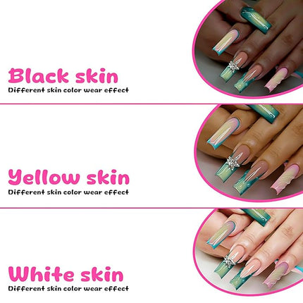 RUOKEXIN Long Square Press on Nails Green Ombre French Fake Nails Pink Ombre False Nails with 3D Star Designs Long Square Nail Press ons Sparkly Glue on Nails Cute Stick on Nails for Women 24Pcs