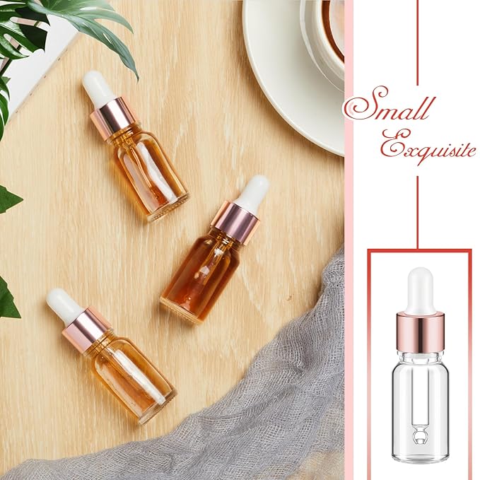 100 Pcs Mini Glass Oil Dropper Bottle Bulk, Clear Essential Small Empty Bottles Sample Containers Perfume Liquid Vials with Cap for Traveling (10 ml,Rose Gold)