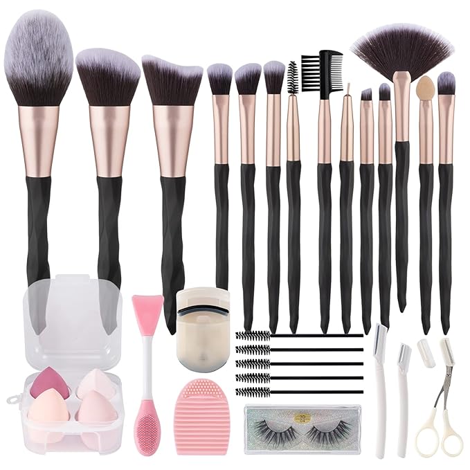 111 30Pcs Black makeup brushes and makeup sponges makeup tool set makeup brushes set natural synthetic eye shadow foundation make-up facial mixed powder blusher concealer eye makeup brush set