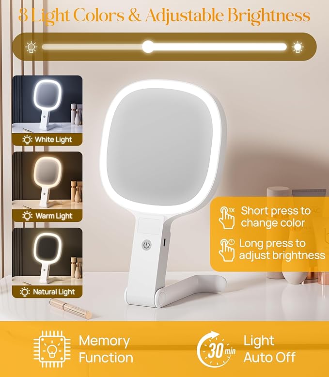 Gospire 6.8" Travel Vanity Mirror, 3-in-1 Hanging/Handheld/Desktop Use with Dual-Side Buttons, 1X/10X Magnification, 3-Color Dimmable LED, Auto Memory + Velvet Pouch (White)