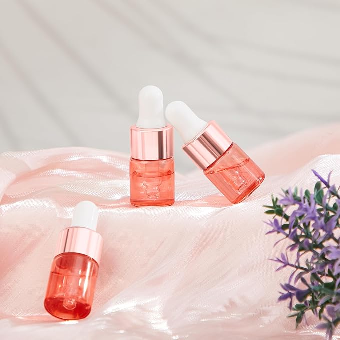 100 Pcs Mini Glass Oil Dropper Bottle Bulk, Clear Essential Small Empty Bottles Sample Containers Perfume Liquid Vials with Cap for Traveling (2 ml,Pink Body)