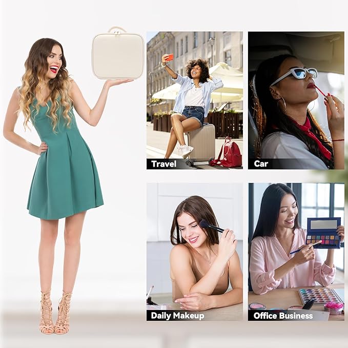 Travel Makeup Bag with LED Mirror and 10x magnifying glass with 3 Lighted Settings, Adjustable Dividers and Makeup Brush Storage Bag White