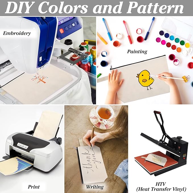 10 Pieces Cotton Canvas Makeup Bag with Bottom, Multi-Purpose Cosmetic Bag with Zipper Travel Toiletry Pouch, Blank DIY Craft Bag Pencil Bag (L, White) (MN-WB07)