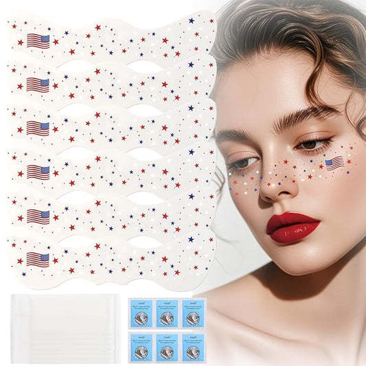 Yosca Independence Day Face Freckles Tattoo, 6Pcs Red White Blue 4th of July Temporary Tattoos for Patriotic Makeup, Waterproof Makeup Patches Fake Freckles for Memorial Day Veterans Day Flag Party