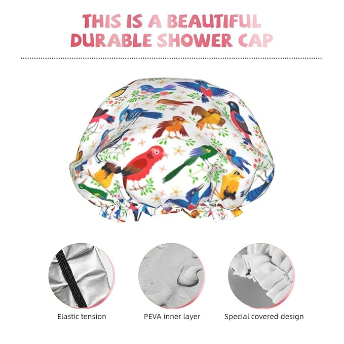Birds Pattern Shower Cap For Women Reusable Waterproof Double Layers Bath Cap Hair Protection Elastic Ladies Spa Salon Shower Hat
