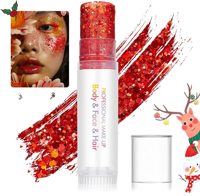 Christmas Body Glitter Stick Red Face Glitter Green Hair Glitter Christmas Face Paint Rave Makeup Glitter Festive Face Gems Halloween Fine Chunky Glitter Stick for Women Girls 2Pack