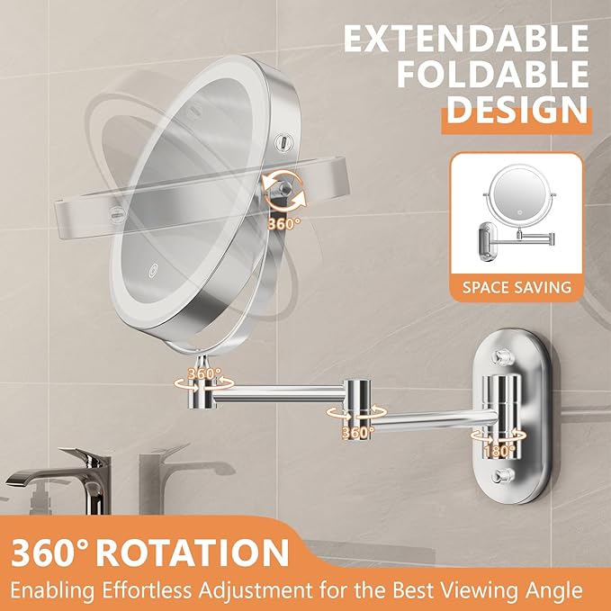 1X/30X Wall Mounted Makeup Mirror with Light, 8" Rechargeable Double-Sided Magnifying Mirror, Vanity Mirror Dimmable 3 Color Light, 360° Extension Rotation Foldable 14.5 Inch Arm, Chrome