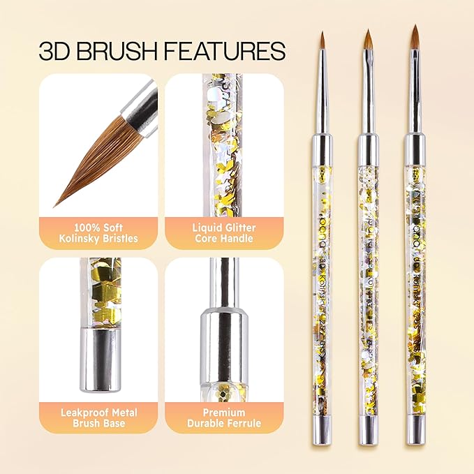 PANA Kolinsky 3D Acrylic Nail Brushes with Liquid Glitter Handle - For Professional Acrylic Powder Liquid Manicure Pedicure (Gold Color, Size #5)