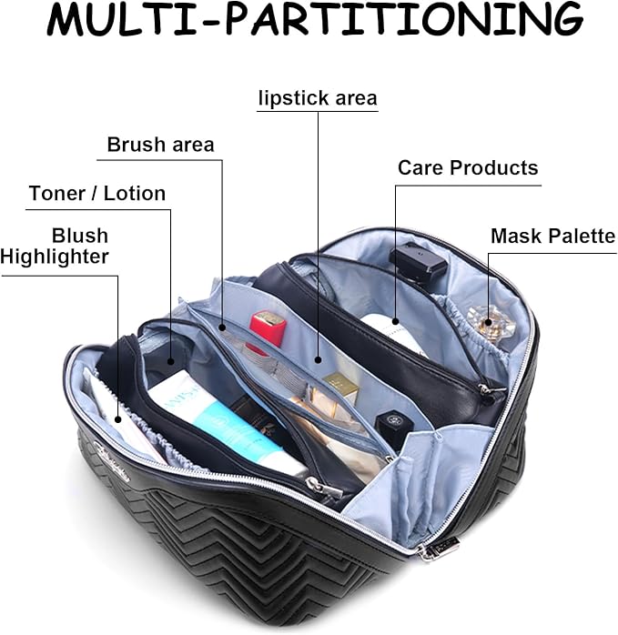 Travel Makeup Bags Cosmetic Organizer Bag: Quilted Make up Bag Set of 3 - PU Leather Toiletry Bags for Women - Portable Makeup Organizer with Compartments & Handle & Divider (14 Black New)