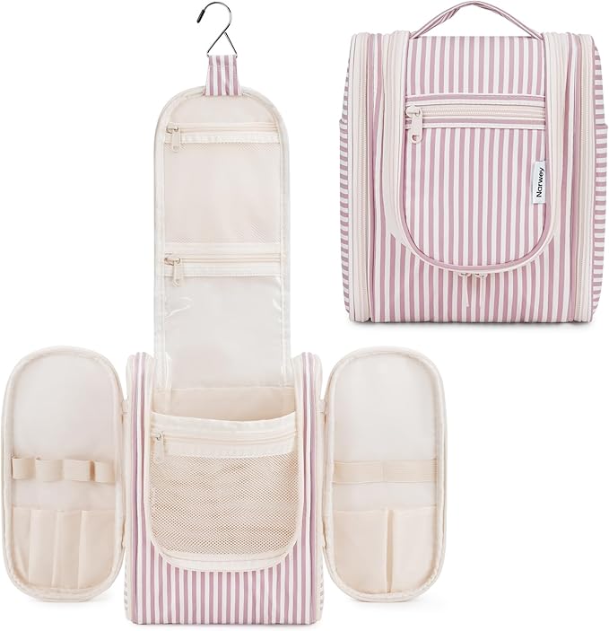 Narwey Small Striped Hanging Travel Toiletry Bag for Women, Travel Bag for Toiletries, Makeup Bag Organizer Cosmetic Bags Make Up Bags for Women (Dusty Rose Stripe)