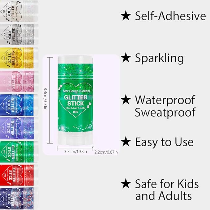 Mysense Green Body Glitter Stick,St Patricks Day Accessories,Mardi Gras Face Hair Glitter,Sparkling Mermaid Glitter Makeup,Chunky Glitter Face Paint,Festival Outfit Rave Accessories for Women and Kids