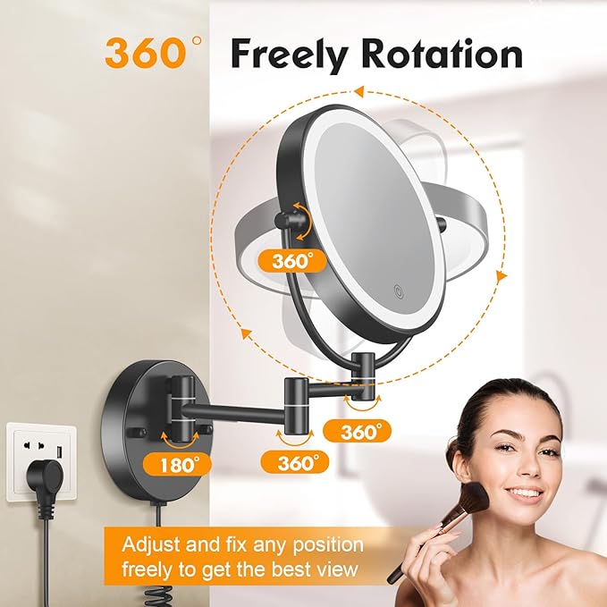 FASCINATE Upgraded Wall Mounted Makeup Mirror with Lights, Super Large Double Sided 1X/10X Magnifying Mirror for Bathroom, 360° Swivel Extendable Plug Touch Sensor Vanity Mirror