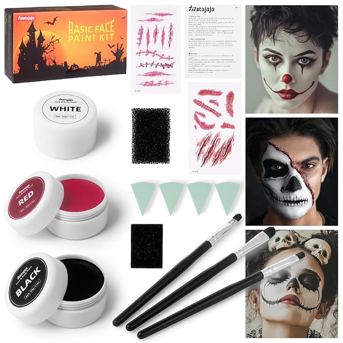 Halloween Zombie Makeup Kit, Fiestajaja Black White Red Face Paint Body Painting Kit with Brushes Sponges Tattoo Stikers for Halloween Zombie Makeup, Cosplay, SFX Effect, Theme Parties (13PCS)