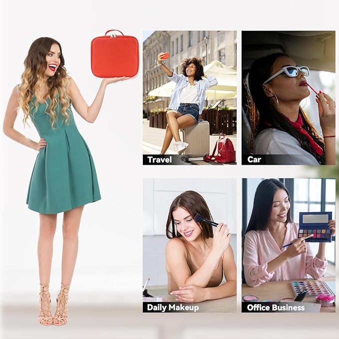 Travel Makeup Bag with LED Mirror and 10x magnifying glass with 3 Lighted Settings, Adjustable Dividers and Makeup Brush Storage Bag Red