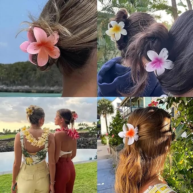 6Pack Plumeria Flower Hair Clips for Women - Gradient Big Flower Acrylic Hair Clip Sweet Hairpins Hair Clips Crab Clamps Barrettes Hawaiian Non-Slip Fashion Beach Hair Accessories