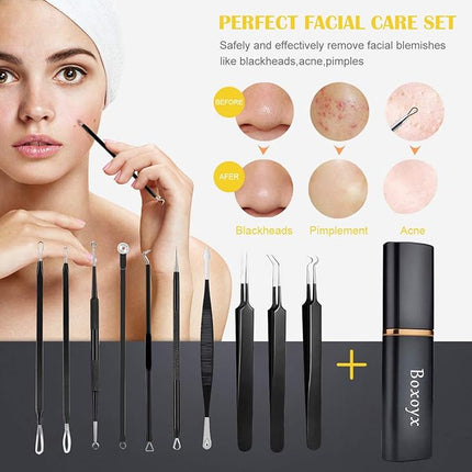 Pimple Popper Tool Kit - Boxoyx 10 Pcs Blackhead Remover Comedone Extractor Kit with Box for Quick and Easy Removal of Pimples, Blackheads, Zit Removing, Forehead,Facial and Nose (Black)