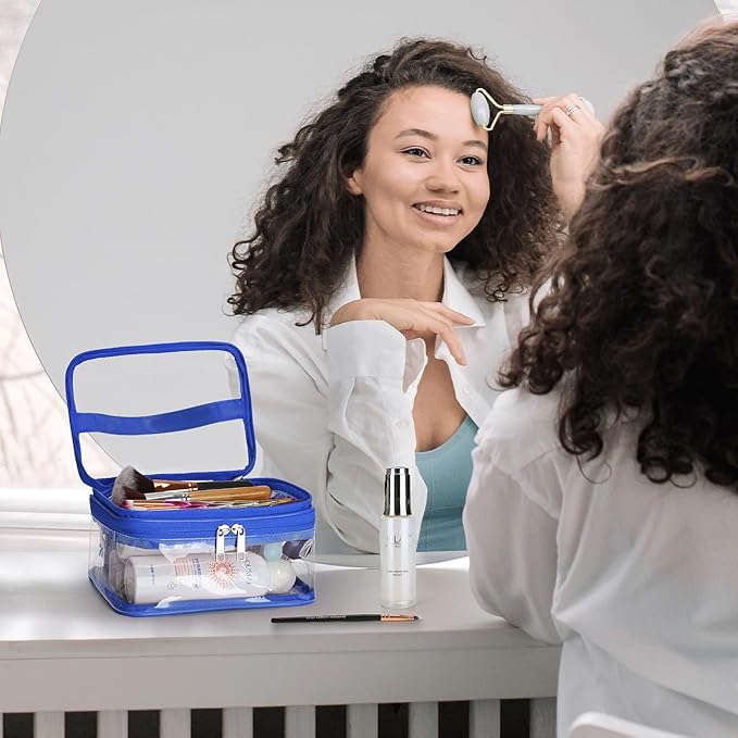 HAOGUAGUA Double Layer Clear Cosmetic Bag Makeup Bag, Waterproof Travel Toiletry Bag, Transparent PVC Pouch Organizer (Blue)